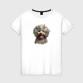 Женская футболка хлопок с принтом Пудель в венке из цветов в Петрозаводске, 100% хлопок | прямой крой, круглый вырез горловины, длина до линии бедер, слегка спущенное плечо | 