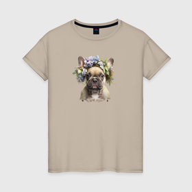 Женская футболка хлопок с принтом Французский бульдог в венке из цветов в Петрозаводске, 100% хлопок | прямой крой, круглый вырез горловины, длина до линии бедер, слегка спущенное плечо | 