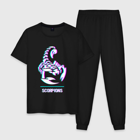 Мужская пижама хлопок с принтом Scorpions glitch rock в Петрозаводске, 100% хлопок | брюки и футболка прямого кроя, без карманов, на брюках мягкая резинка на поясе и по низу штанин
 | 