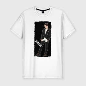 Мужская футболка хлопок Slim с принтом Dimash Kudaibergen в Санкт-Петербурге, 92% хлопок, 8% лайкра | приталенный силуэт, круглый вырез ворота, длина до линии бедра, короткий рукав | Тематика изображения на принте: 