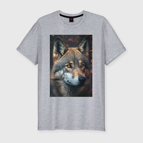 Мужская футболка хлопок Slim с принтом Красивый лесной волк в Новосибирске, 92% хлопок, 8% лайкра | приталенный силуэт, круглый вырез ворота, длина до линии бедра, короткий рукав | Тематика изображения на принте: 