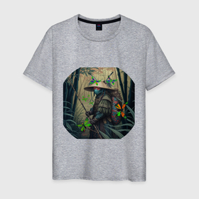 Мужская футболка хлопок с принтом Мистический воин в бамбуковой роще окруженный бабочками в Петрозаводске, 100% хлопок | прямой крой, круглый вырез горловины, длина до линии бедер, слегка спущенное плечо. | 