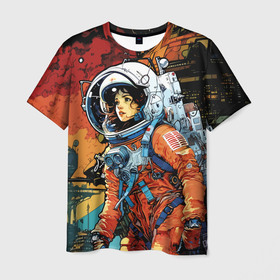 Мужская футболка 3D с принтом Девушка космонавт в фантастическом городе в Курске, 100% полиэфир | прямой крой, круглый вырез горловины, длина до линии бедер | 