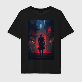 Мужская футболка хлопок Oversize с принтом Самурай в ночном городе в Белгороде, 100% хлопок | свободный крой, круглый ворот, “спинка” длиннее передней части | Тематика изображения на принте: 