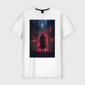 Мужская футболка хлопок Slim с принтом Самурай в ночном городе в Белгороде, 92% хлопок, 8% лайкра | приталенный силуэт, круглый вырез ворота, длина до линии бедра, короткий рукав | Тематика изображения на принте: 