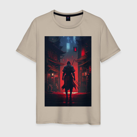Мужская футболка хлопок с принтом Самурай в ночном городе в Белгороде, 100% хлопок | прямой крой, круглый вырез горловины, длина до линии бедер, слегка спущенное плечо. | Тематика изображения на принте: 