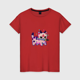 Женская футболка хлопок с принтом Милый котик с катаной , 100% хлопок | прямой крой, круглый вырез горловины, длина до линии бедер, слегка спущенное плечо | 