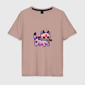 Мужская футболка хлопок Oversize с принтом Милый котик с катаной в Петрозаводске, 100% хлопок | свободный крой, круглый ворот, “спинка” длиннее передней части | 