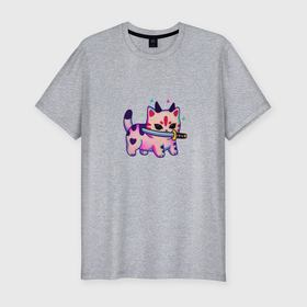Мужская футболка хлопок Slim с принтом Милый котик с катаной в Петрозаводске, 92% хлопок, 8% лайкра | приталенный силуэт, круглый вырез ворота, длина до линии бедра, короткий рукав | 