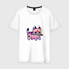 Мужская футболка хлопок с принтом Милый котик с катаной в Петрозаводске, 100% хлопок | прямой крой, круглый вырез горловины, длина до линии бедер, слегка спущенное плечо. | 