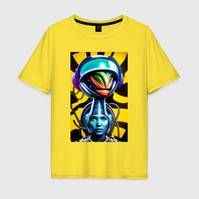 Мужская футболка хлопок Oversize с принтом Инопланетный киберпанк   лицо девушки в Санкт-Петербурге, 100% хлопок | свободный крой, круглый ворот, “спинка” длиннее передней части | 