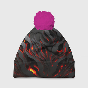 Шапка 3D c помпоном с принтом Объемное черное пламя в Тюмени, 100% полиэстер | универсальный размер, печать по всей поверхности изделия | 
