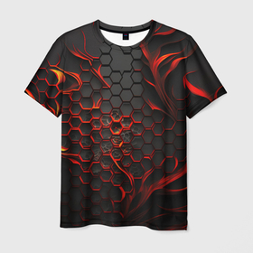 Мужская футболка 3D с принтом Объемные огненные плитки в Белгороде, 100% полиэфир | прямой крой, круглый вырез горловины, длина до линии бедер | 