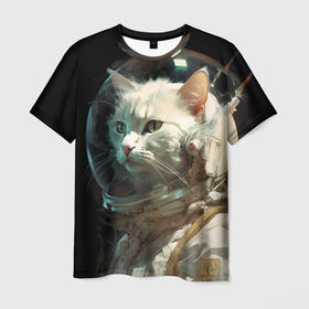 Мужская футболка 3D с принтом Белый пушистый кот космонавт в Петрозаводске, 100% полиэфир | прямой крой, круглый вырез горловины, длина до линии бедер | Тематика изображения на принте: 