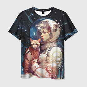 Мужская футболка 3D с принтом Девушка космонавт с рыжим котом в Новосибирске, 100% полиэфир | прямой крой, круглый вырез горловины, длина до линии бедер | 