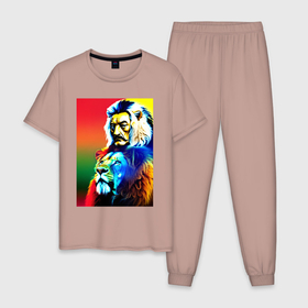 Мужская пижама хлопок с принтом Salvador Dali and lion   collaboration , 100% хлопок | брюки и футболка прямого кроя, без карманов, на брюках мягкая резинка на поясе и по низу штанин
 | 