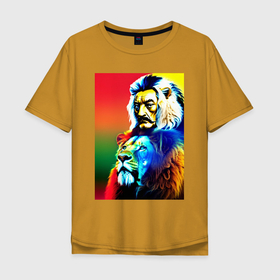 Мужская футболка хлопок Oversize с принтом Salvador Dali and lion   collaboration в Петрозаводске, 100% хлопок | свободный крой, круглый ворот, “спинка” длиннее передней части | 