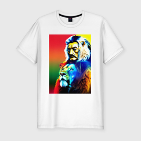 Мужская футболка хлопок Slim с принтом Salvador Dali and lion   collaboration в Екатеринбурге, 92% хлопок, 8% лайкра | приталенный силуэт, круглый вырез ворота, длина до линии бедра, короткий рукав | 
