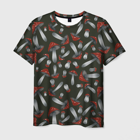 Мужская футболка 3D с принтом Мухоморы   паттерн в Кировске, 100% полиэфир | прямой крой, круглый вырез горловины, длина до линии бедер | 