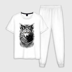 Мужская пижама хлопок с принтом Волк украшенный кельтским узором в Санкт-Петербурге, 100% хлопок | брюки и футболка прямого кроя, без карманов, на брюках мягкая резинка на поясе и по низу штанин
 | 