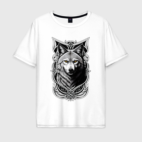 Мужская футболка хлопок Oversize с принтом Волк украшенный кельтским узором , 100% хлопок | свободный крой, круглый ворот, “спинка” длиннее передней части | 