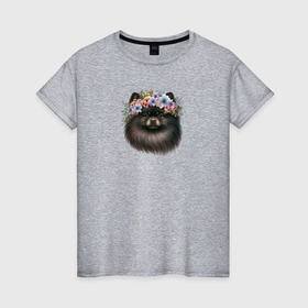 Женская футболка хлопок с принтом Шпиц черный в венке из цветов в Белгороде, 100% хлопок | прямой крой, круглый вырез горловины, длина до линии бедер, слегка спущенное плечо | 