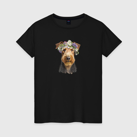 Женская футболка хлопок с принтом Эрдельтерьер в венке из цветов в Курске, 100% хлопок | прямой крой, круглый вырез горловины, длина до линии бедер, слегка спущенное плечо | 