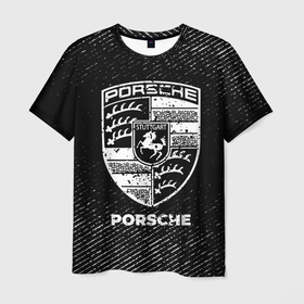 Мужская футболка 3D с принтом Porsche с потертостями на темном фоне в Петрозаводске, 100% полиэфир | прямой крой, круглый вырез горловины, длина до линии бедер | 