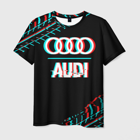 Мужская футболка 3D с принтом Значок Audi в стиле glitch на темном фоне в Санкт-Петербурге, 100% полиэфир | прямой крой, круглый вырез горловины, длина до линии бедер | Тематика изображения на принте: 