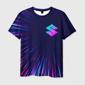 Мужская футболка 3D с принтом Suzuki neon speed lines , 100% полиэфир | прямой крой, круглый вырез горловины, длина до линии бедер | 