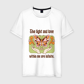Мужская футболка хлопок с принтом The light and love within me are infinite в Санкт-Петербурге, 100% хлопок | прямой крой, круглый вырез горловины, длина до линии бедер, слегка спущенное плечо. | 