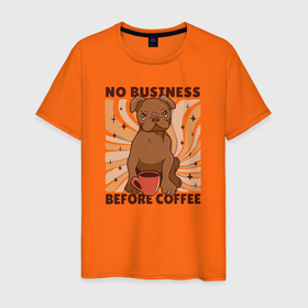 Мужская футболка хлопок с принтом No business before coffee в Тюмени, 100% хлопок | прямой крой, круглый вырез горловины, длина до линии бедер, слегка спущенное плечо. | Тематика изображения на принте: 