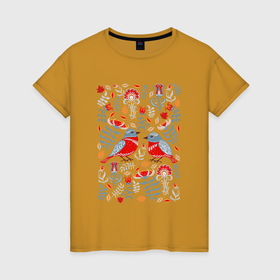 Женская футболка хлопок с принтом Снегири и цветы в Санкт-Петербурге, 100% хлопок | прямой крой, круглый вырез горловины, длина до линии бедер, слегка спущенное плечо | 