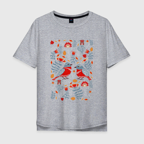 Мужская футболка хлопок Oversize с принтом Снегири и цветы в Санкт-Петербурге, 100% хлопок | свободный крой, круглый ворот, “спинка” длиннее передней части | 
