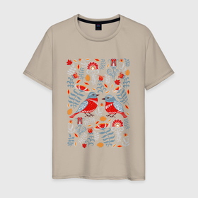 Мужская футболка хлопок с принтом Снегири и цветы в Петрозаводске, 100% хлопок | прямой крой, круглый вырез горловины, длина до линии бедер, слегка спущенное плечо. | 