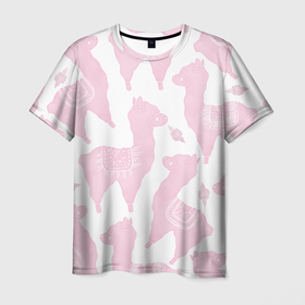Мужская футболка 3D с принтом Розовые альпаки   паттерн в Петрозаводске, 100% полиэфир | прямой крой, круглый вырез горловины, длина до линии бедер | 