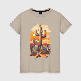 Женская футболка хлопок с принтом Кактусы в пустыне в Кировске, 100% хлопок | прямой крой, круглый вырез горловины, длина до линии бедер, слегка спущенное плечо | 