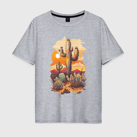 Мужская футболка хлопок Oversize с принтом Кактусы в пустыне , 100% хлопок | свободный крой, круглый ворот, “спинка” длиннее передней части | 