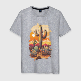 Мужская футболка хлопок с принтом Кактусы в пустыне в Кировске, 100% хлопок | прямой крой, круглый вырез горловины, длина до линии бедер, слегка спущенное плечо. | Тематика изображения на принте: 