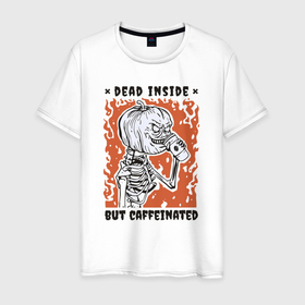 Мужская футболка хлопок с принтом Dead inside but caffeinated в Екатеринбурге, 100% хлопок | прямой крой, круглый вырез горловины, длина до линии бедер, слегка спущенное плечо. | 