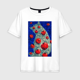 Мужская футболка хлопок Oversize с принтом Кот в яблоках в Санкт-Петербурге, 100% хлопок | свободный крой, круглый ворот, “спинка” длиннее передней части | Тематика изображения на принте: 