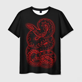 Мужская футболка 3D с принтом Красная неоновая змея в Тюмени, 100% полиэфир | прямой крой, круглый вырез горловины, длина до линии бедер | 
