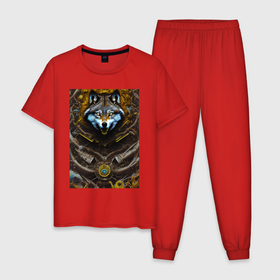 Мужская пижама хлопок с принтом Охота на волка в Кировске, 100% хлопок | брюки и футболка прямого кроя, без карманов, на брюках мягкая резинка на поясе и по низу штанин
 | 