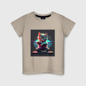 Детская футболка хлопок с принтом кот самурай с мечами , 100% хлопок | круглый вырез горловины, полуприлегающий силуэт, длина до линии бедер | 
