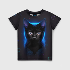 Детская футболка 3D с принтом Черный кот на фоне созвездий в Кировске, 100% гипоаллергенный полиэфир | прямой крой, круглый вырез горловины, длина до линии бедер, чуть спущенное плечо, ткань немного тянется | 