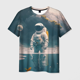 Мужская футболка 3D с принтом Космонавт в воде на другой планете в Санкт-Петербурге, 100% полиэфир | прямой крой, круглый вырез горловины, длина до линии бедер | 