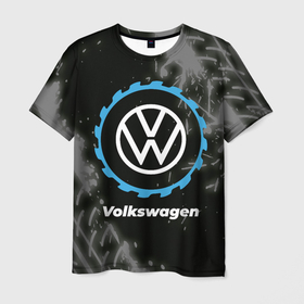 Мужская футболка 3D с принтом Volkswagen в стиле Top Gear со следами шин на фоне в Екатеринбурге, 100% полиэфир | прямой крой, круглый вырез горловины, длина до линии бедер | 