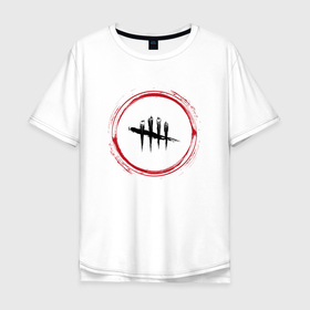 Мужская футболка хлопок Oversize с принтом Символ Dead by Daylight и красная краска вокруг в Белгороде, 100% хлопок | свободный крой, круглый ворот, “спинка” длиннее передней части | 