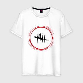 Мужская футболка хлопок с принтом Символ Dead by Daylight и красная краска вокруг в Белгороде, 100% хлопок | прямой крой, круглый вырез горловины, длина до линии бедер, слегка спущенное плечо. | 