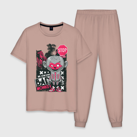 Мужская пижама хлопок с принтом Bad Monkey в Петрозаводске, 100% хлопок | брюки и футболка прямого кроя, без карманов, на брюках мягкая резинка на поясе и по низу штанин
 | Тематика изображения на принте: 